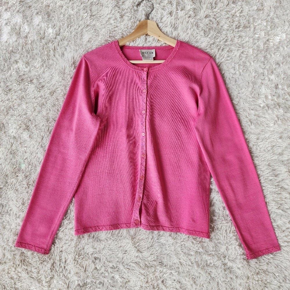 Oscar De La Renta Silk Blend Barbie Pink Button Down Carigan Top